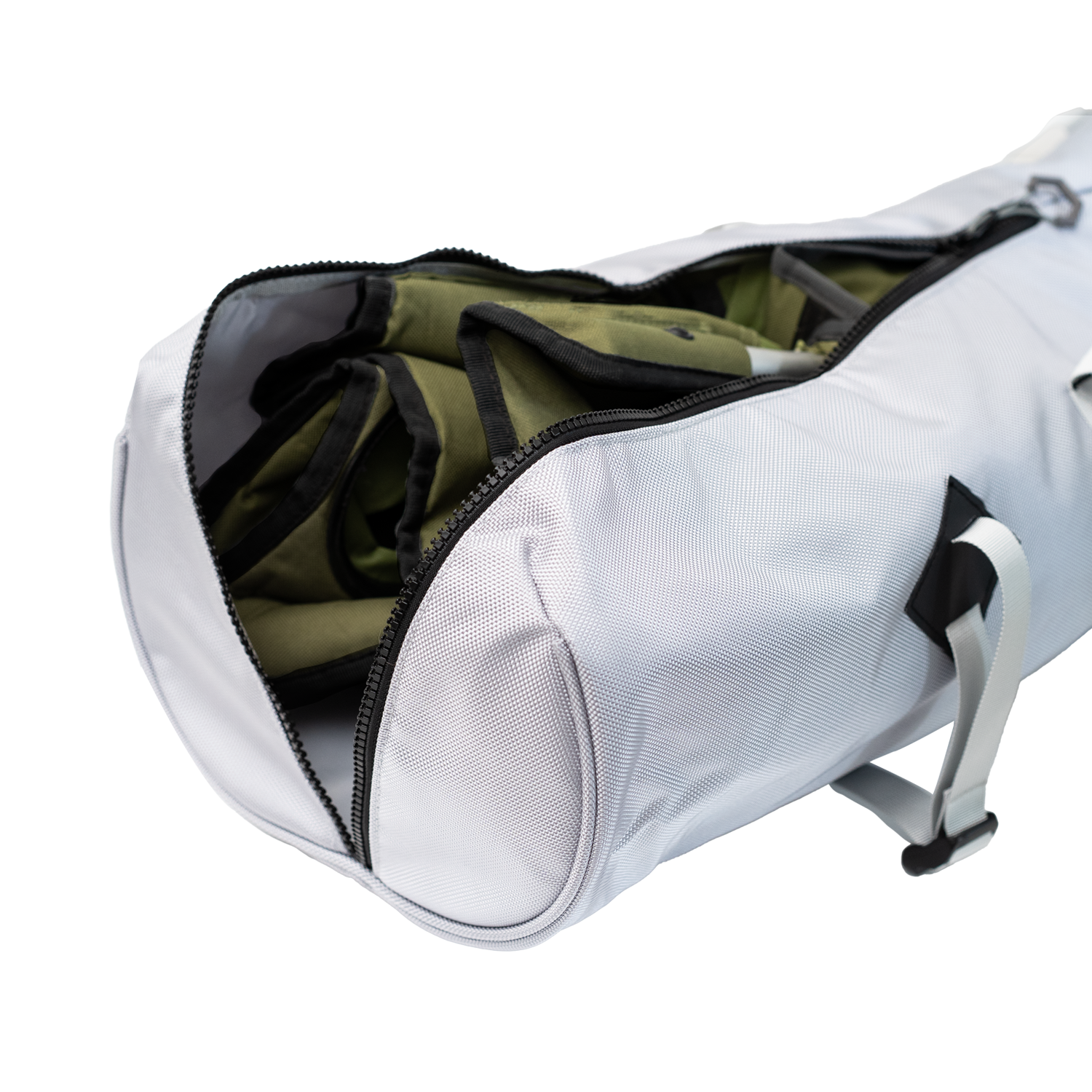 The FieldLux Chair Bag, grey ballistic nylon carry bag with wraparound handle and wide shoulder strap.